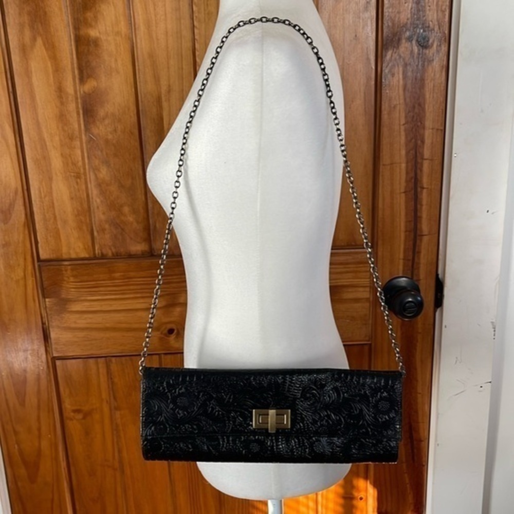 Jessica McClintock East West Black Patent Shoulder Bag Chain Clutch Vintage Bag